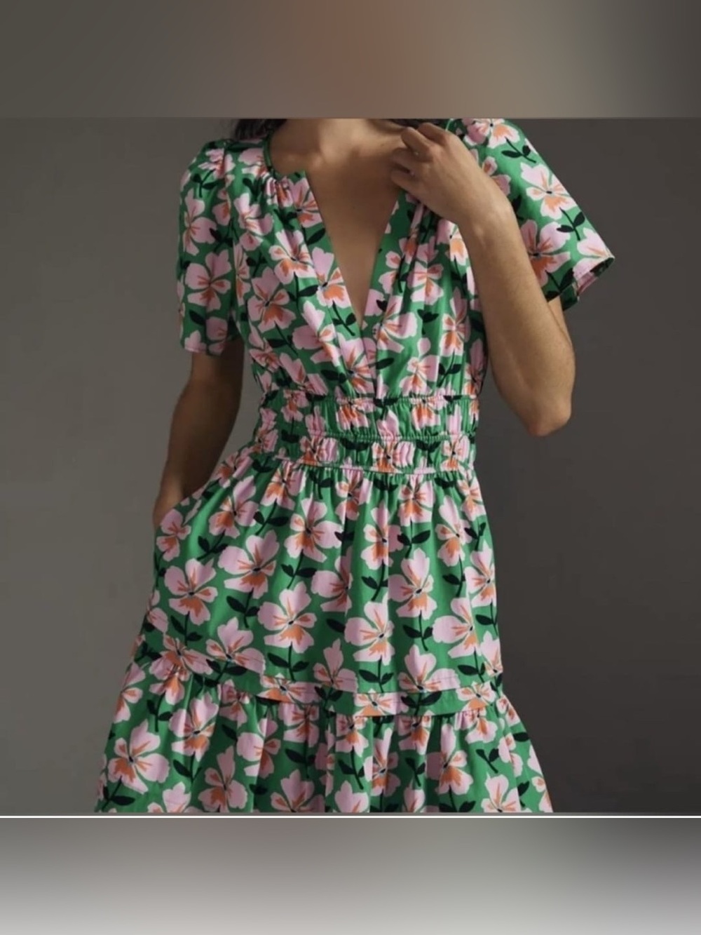 Anthropologie Green Floral Midi Dress with Pink Blossoms